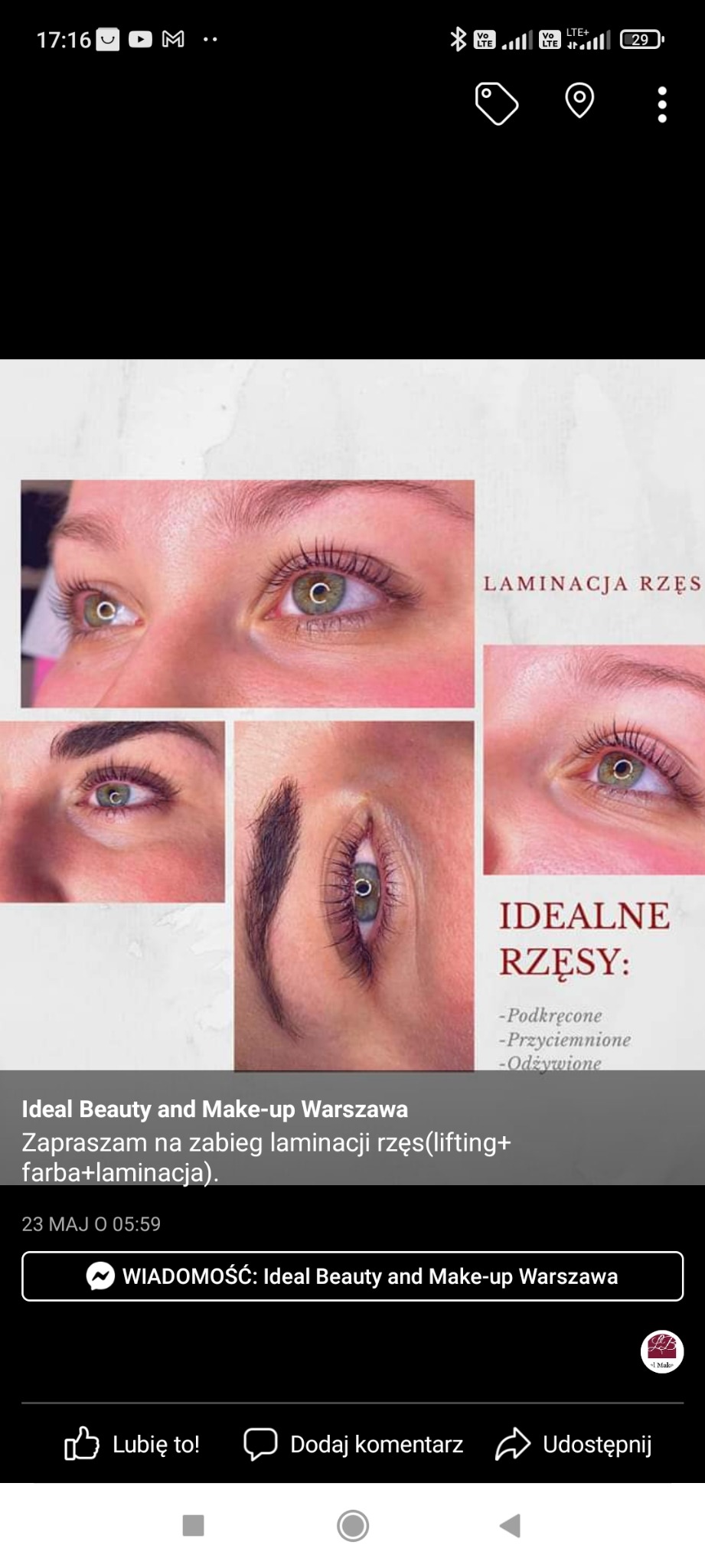 Kolaż zdjęć prezentujący efekt laminacji rzęs w salonie w Warszawie: podkręcone, przyciemnione i odżywione rzęsy na zbliżeniach oczu.