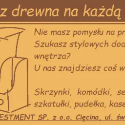 Ilustracja reklamowa prezentująca ręcznie rysowane szkice drewnianych skrzynek, komódek i szkatułek z tekstem 'Wyroby z drewna na każdą kieszeń', 'Nie masz pomysłu na prezent?', 'Szukasz stylowych...