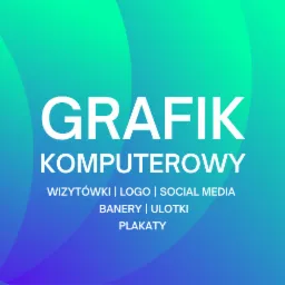 Grafika komputerowa: wizytówki, logo, social media, banery, ulotki, plakaty na gradientowym tle w odcieniach zieleni i fioletu.