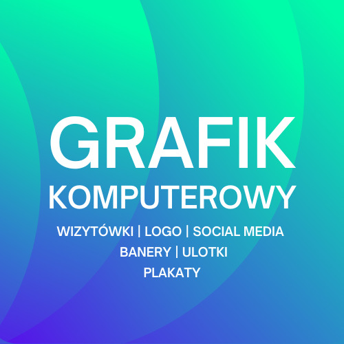 Grafika komputerowa: wizytówki, logo, social media, banery, ulotki, plakaty na gradientowym tle w odcieniach zieleni i fioletu.