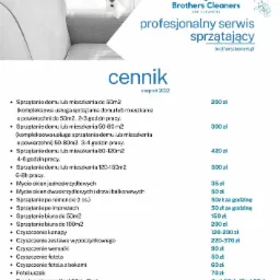 Cennik usług sprzątających firmy Brothers Cleaners z sierpnia 2022, obejmujący sprzątanie domów i mieszkań o różnym metrażu, mycie okien, sprzątanie po remoncie i imprezach, sprzątanie biur...