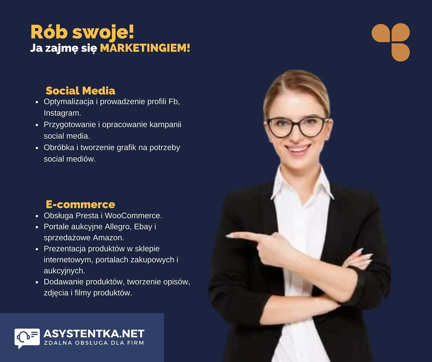 Grafika reklamowa prezentująca ofertę zdalnej obsługi dla firm, z hasłem 'Rób swoje! Ja zajmę się MARKETINGIEM!', listą usług z zakresu Social Media i E-commerce oraz uśmiechniętą kobietą...