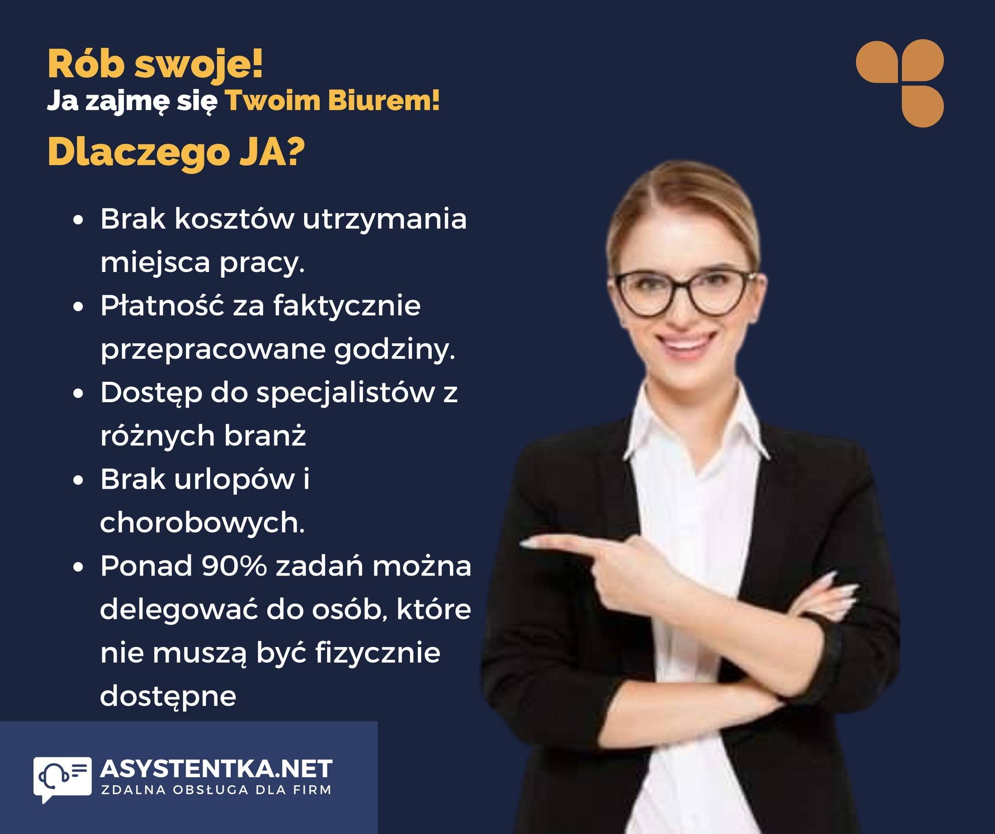 Uśmiechnięta kobieta w okularach i marynarce wskazuje palcem na tekst o zaletach zdalnej obsługi firm, logo Asystentka.net w lewym dolnym rogu.