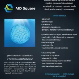 Grafika reklamowa firmy MD Square, specjalizującej się w profesjonalnym myciu powierzchni wodą demineralizowaną i ozonowaną, z listą materiałów, które myją, oraz wizualizacją nanopęcherzyków w wodzie.