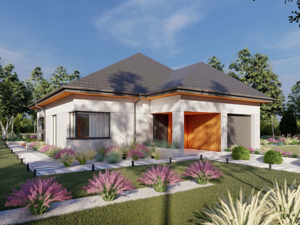 Wizualizacja domu jednorodzinnego z płaskim dachem i garażem, otoczonego ogrodem z ozdobnymi trawami i ścieżką z płyt betonowych.