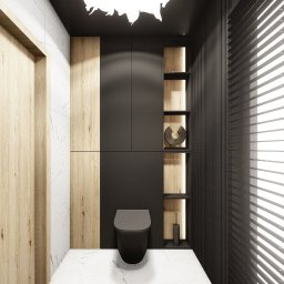 Łazienka w połączeniu drewna i czerni.