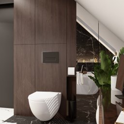 Projekt zmiany aranżacji łazienki w budynku jednorodzinnym. Życzeniem Inwestora był nowoczesny wygląd, zastosowanie ciemnego drewna oraz płytek imitujących marmur. Znaleźliśmy też miejsce na toaletkę.