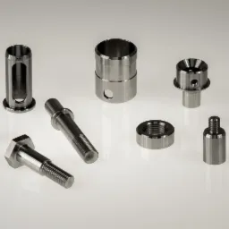 Precyzyjnie obrobione metalowe elementy o różnych kształtach i rozmiarach, w tym śruby, tuleje i nakrętki, ułożone na jasnym, odblaskowym tle, eksponujące detale gwintów i otworów.
