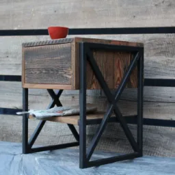 Szafka nocna z szufladą i metalową konstrukcją w stylu industrialnym, wykonana w Lubiewicach. Na blacie czerwona miseczka, na półce gazeta. Tło stanowi ściana z desek.