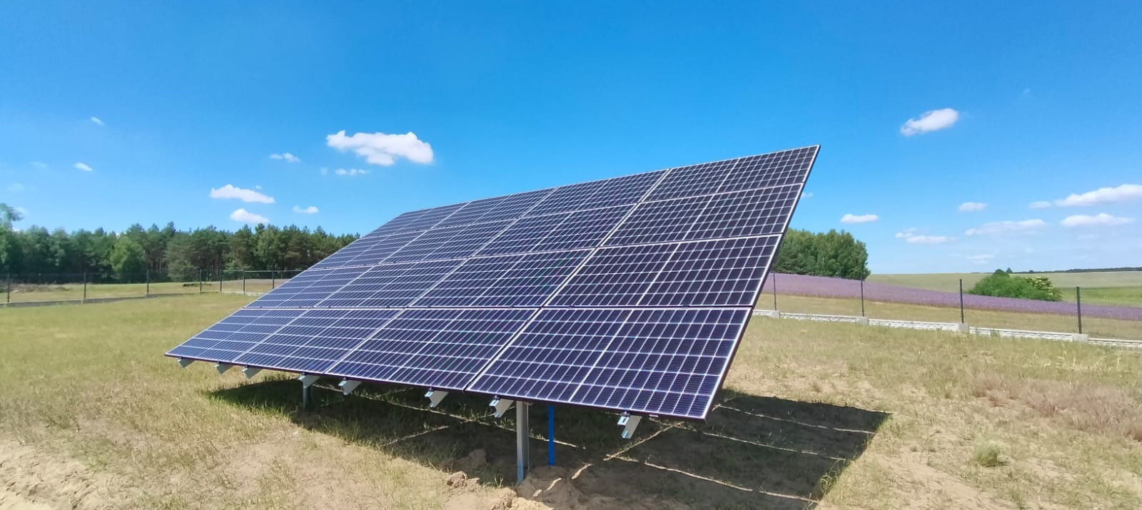 Panel fotowoltaiczny na metalowej konstrukcji, zainstalowany na polu z widokiem na las i kwitnące wrzosowiska w oddali, błękitne niebo z delikatnymi obłokami.