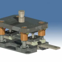 Komputerowy model 3D precyzyjnego oprzyrządowania mechanicznego z elementami cylindrycznymi i płytami, na tle gradientu niebieskiego.