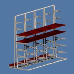 Wizualizacja 3D metalowego regału magazynowego z czerwonymi półkami, na tle niebieskiego tła.