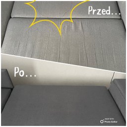 Mobilne Pranie tapicerki meblowej / samochodowej i dywanów - Porównanie stanu sofy przed i po praniu: widoczne wyraźne różnice w czystości i wyglądzie tapicerki w odcieniach szarości.