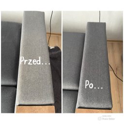 Mobilne Pranie tapicerki meblowej / samochodowej i dywanów - Porównanie stanu tapicerki kanapy przed i po czyszczeniu, widoczna wyraźna różnica w odcieniu szarości i czystości materiału