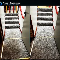 Porównanie stanu schodów pokrytych szarym dywanem przed i po czyszczeniu, widoczne wyraźne różnice w odcieniu i czystości.