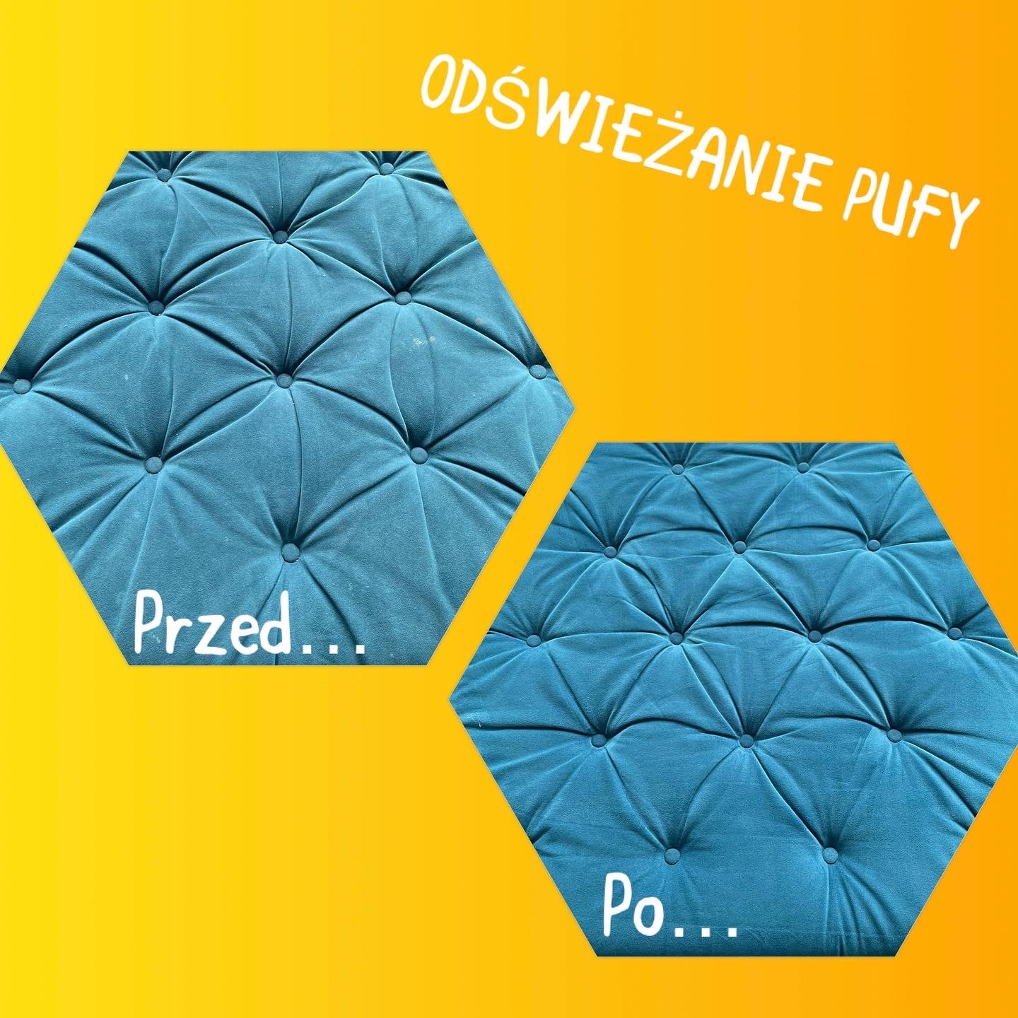 Porównanie stanu pufy tapicerowanej przed i po odświeżeniu, widoczne różnice w czystości i intensywności koloru turkusowego weluru z pikowaniami i guzikami.