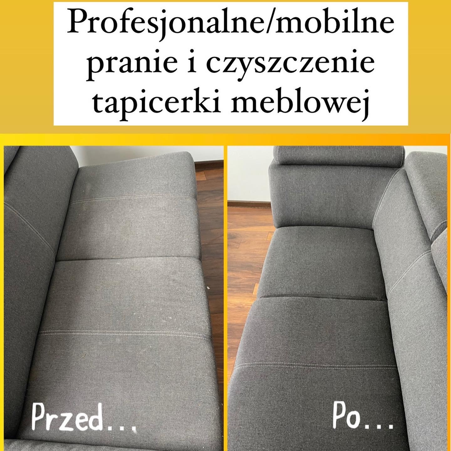 Szara sofa modułowa: porównanie stanu tapicerki przed i po czyszczeniu, widoczne różnice w odcieniu i usunięcie drobnych zabrudzeń na materiale.