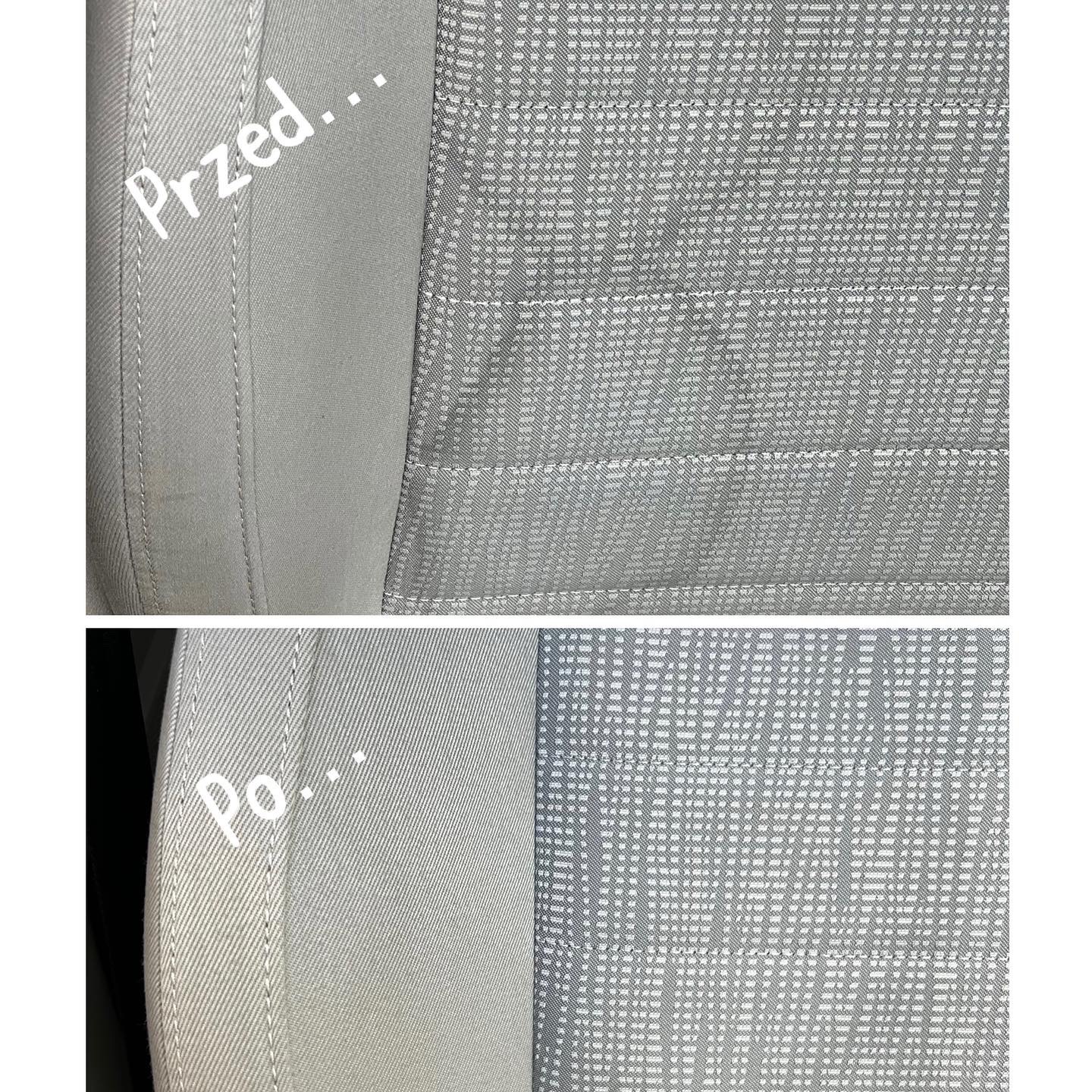 Porównanie stanu tapicerki meblowej przed i po czyszczeniu, widoczne usunięcie plam i zabrudzeń, zbliżenie na wzór materiału.