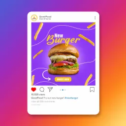 Mockup postu na Instagramie prezentujący burgera z wołowiną, serem, warzywami i boczkiem na fioletowym tle z grafiką frytek i napisem 'New Burger', z przyciskiem 'Order Now' oraz danymi...