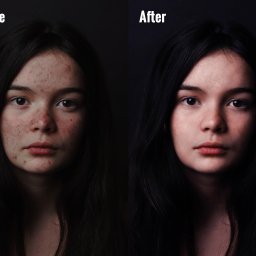 Klaudia Cipior - Portret kobiety przed i po retuszu zdjęć, ukazujący redukcję niedoskonałości skóry i poprawę kolorytu.