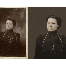 Klaudia Cipior - Retusz starej fotografii portretowej kobiety, pokazujący wersję oryginalną z uszkodzeniami i wersję odrestaurowaną.