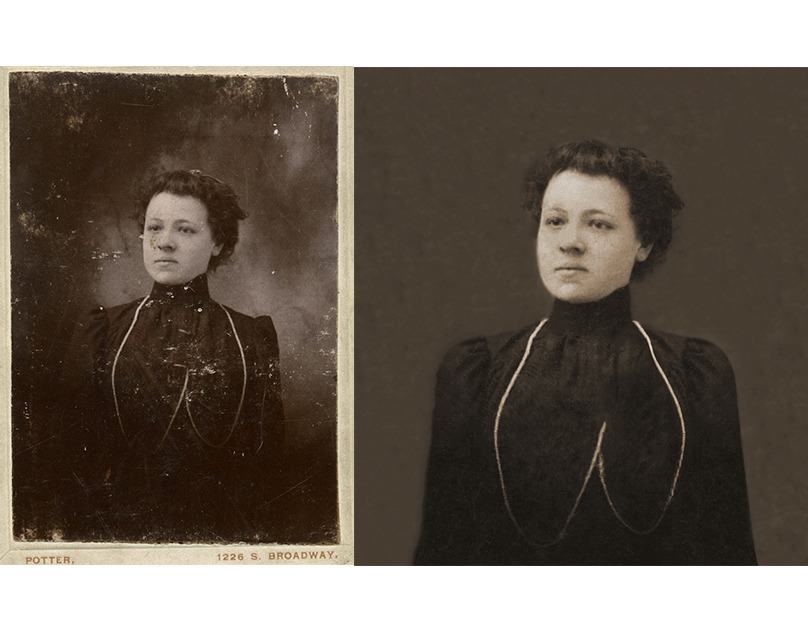 Retusz starej fotografii portretowej kobiety, pokazujący wersję oryginalną z uszkodzeniami i wersję odrestaurowaną.