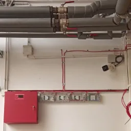 Czerwona centrala alarmowa z wyświetlaczem i kluczem, szereg modułów sterujących, kamera monitoringu na białej ścianie, widoczne rury instalacyjne pod sufitem.