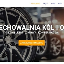 Bestsofthouse Strony Internetowe i Sklepy Online - Strona internetowa z ofertą przechowywania opon i kół, z widocznymi oponami na felgach w tle i przyciskiem 'Zarezerwuj miejsce'.