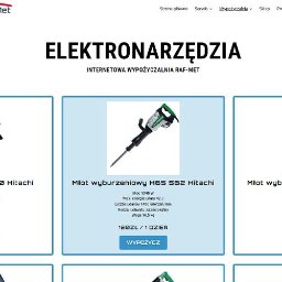 Bestsofthouse Strony Internetowe i Sklepy Online - Ekran strony internetowej wypożyczalni elektronarzędzi Raf-Met, prezentujący ofertę młotów wyburzeniowych Hitachi H90, H65 SB2 i H60MR wraz ze specyfikacją techniczną i ceną za dzień.