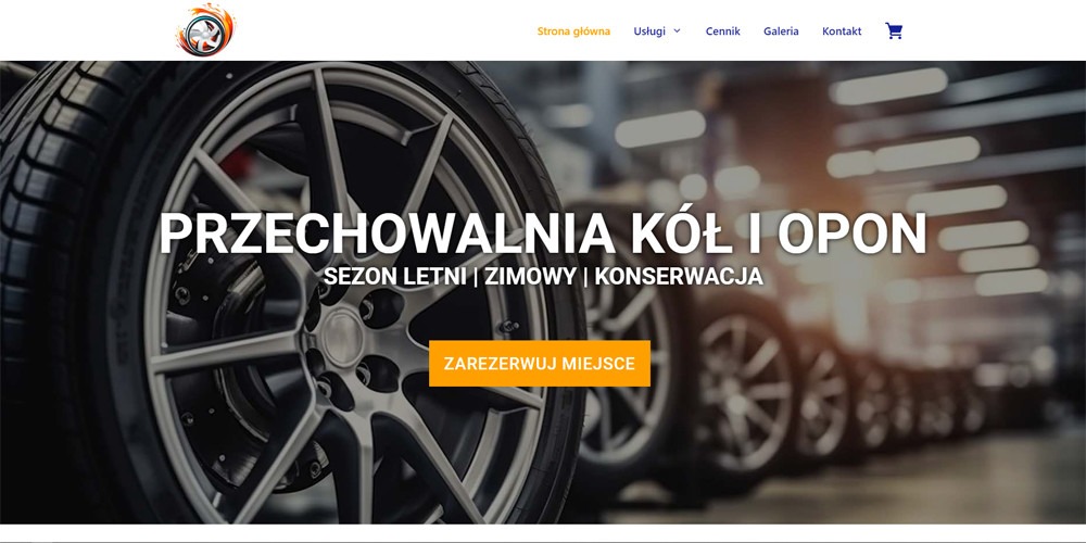 Strona internetowa z ofertą przechowywania opon i kół, z widocznymi oponami na felgach w tle i przyciskiem 'Zarezerwuj miejsce'.