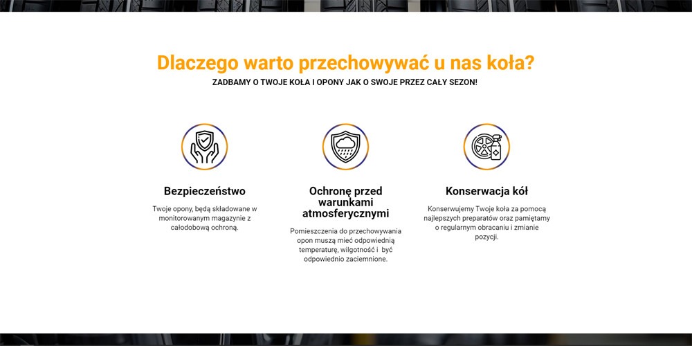 Grafika reklamowa z trzema ikonami: bezpieczeństwo opon w monitorowanym magazynie, ochrona przed warunkami atmosferycznymi w zaciemnionych pomieszczeniach, konserwacja kół z regularnym obracaniem.