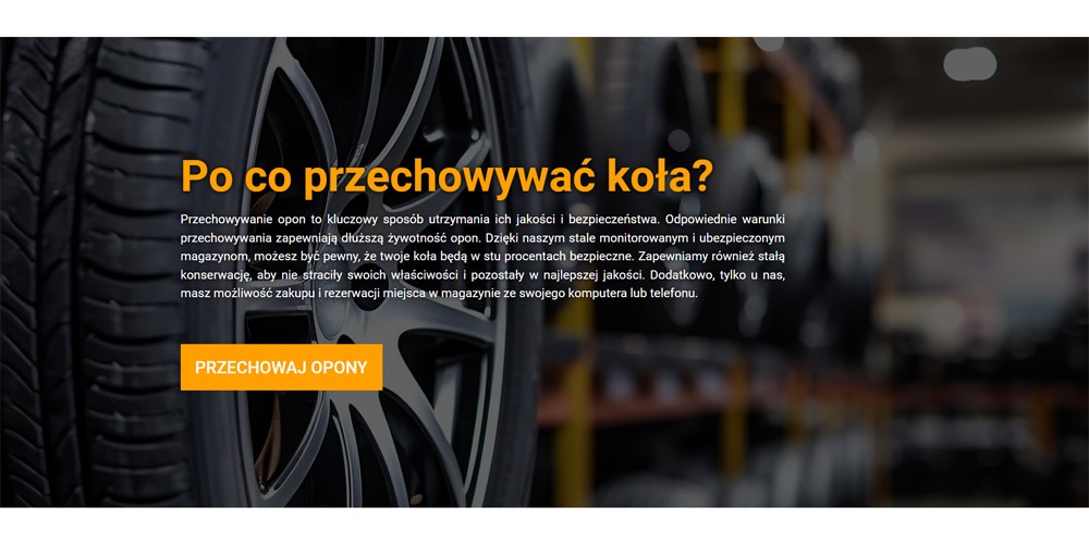 Opona samochodowa z felgą na pierwszym planie, w tle magazyn opon, tekst informujący o przechowywaniu opon.