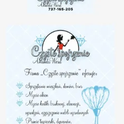 Grafika reklamowa firmy sprzątającej 'Czyste Spojrzenie' z logo przedstawiającym kobietę z miotełką na tle rombów i diamentów, oferującej sprzątanie mieszkań, biur, mycie okien, kostki brukowej...