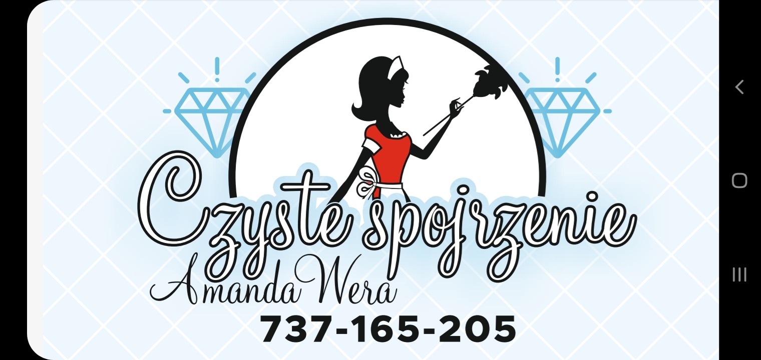 Logo firmy sprzątającej: Sylwetka kobiety w stroju pokojówki z miotełką na tle napisu 'Czyste spojrzenie Amanda Wera 737-165-205' i motywu rombów.