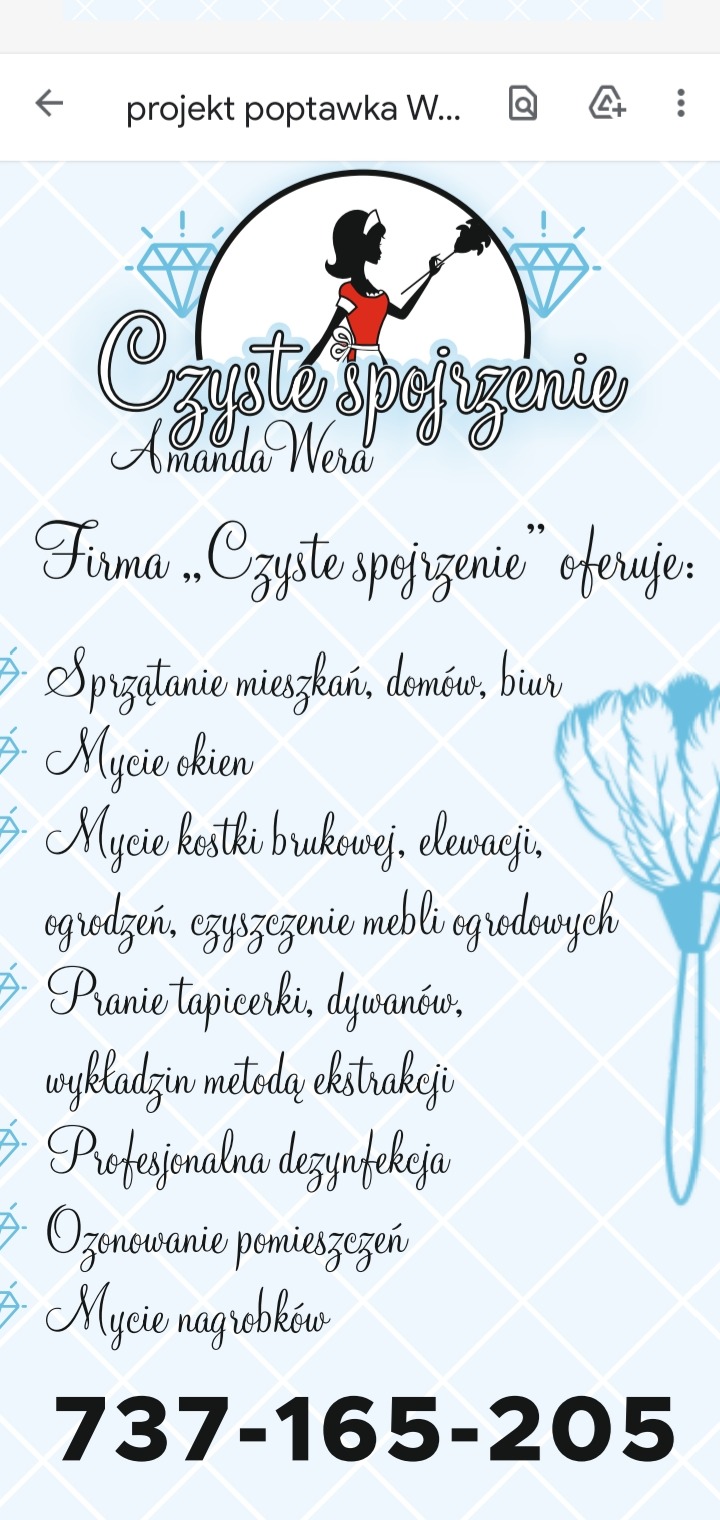 Grafika reklamowa firmy sprzątającej 'Czyste Spojrzenie' z sylwetką kobiety w stroju pokojówki, oferującej sprzątanie mieszkań, biur, mycie okien, pranie tapicerki i inne usługi, z numerem telefonu.