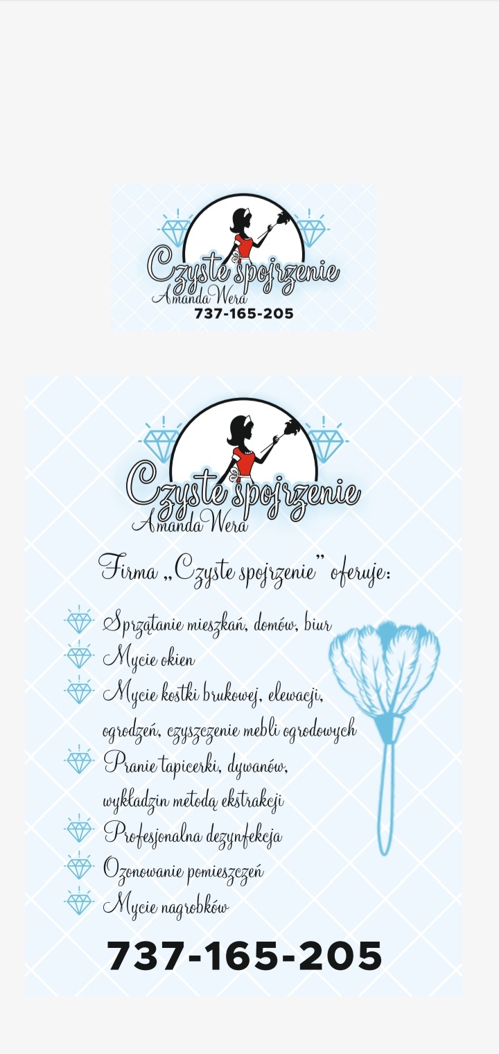 Grafika reklamowa firmy sprzątającej 'Czyste Spojrzenie' z logo przedstawiającym kobietę z miotełką na tle rombów i diamentów, oferującej sprzątanie mieszkań, biur, mycie okien, kostki brukowej...