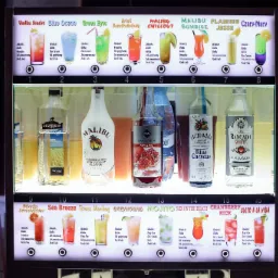 Automat do wydawania drinków z podświetlonymi przepisami i składnikami, prezentujący butelki wódki Stumbras, Malibu, syropu Grenadine oraz Blue Curacao.