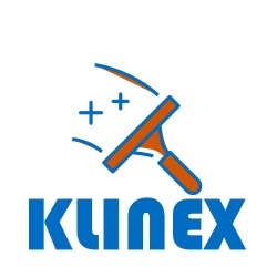 Grafika wektorowa przedstawiająca stylizowane logo firmy sprzątającej: niebieski napis 'KLINEK' pod pomarańczowym symbolem rakli z niebieskimi plusami imitującymi czyszczoną powierzchnię.