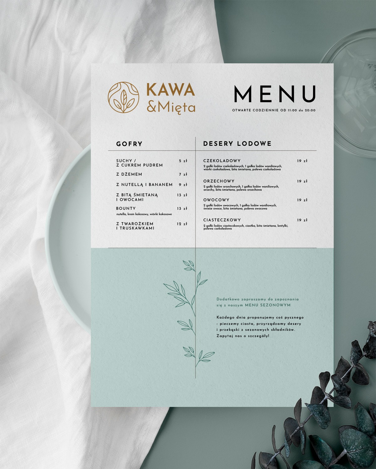 Eleganckie menu restauracji Kawa & Mięta z ofertą gofrów i deserów lodowych, minimalistyczna grafika z motywem roślinnym, subtelne oświetlenie