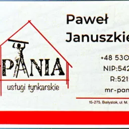 Wizytówka firmy tynkarskiej MR-PANIA Paweł Januszkiewicz z Białegostoku, z numerem telefonu, NIP, Regon i adresem e-mail, logo przedstawia człowieka na drabinie z łatą tynkarską w rękach, wpisanego...