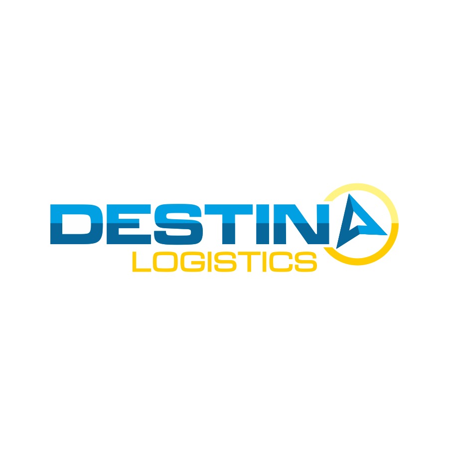 Logo firmy logistycznej Destina Logistics z niebieskim napisem i żółtym symbolem strzałki w okręgu.