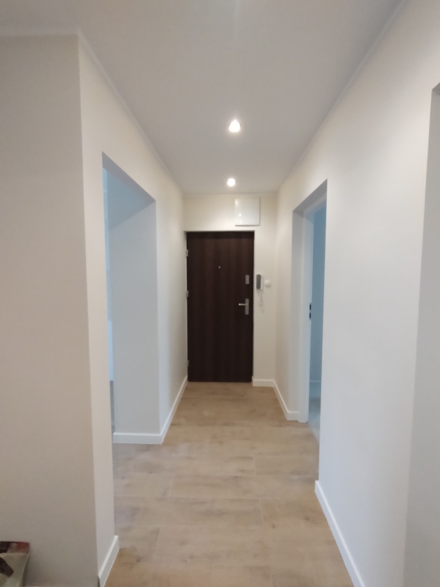 Korytarz po remoncie z brązowymi drzwiami wejściowymi, jasnymi panelami podłogowymi i świeżo pomalowanymi na biało ścianami. Widoczne wejścia do innych pomieszczeń.