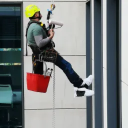 Pracownik w uprzęży, z żółtym kaskiem i czerwonym wiadrem, zawieszony na linie przy nowoczesnym budynku, przygotowuje się do pracy z wałkiem malarskim, zabezpieczając buty białymi ochraniaczami.