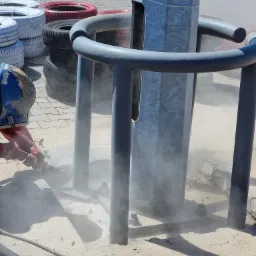 Pracownik w hełmie i rękawicach piaskuje metalowy słupek z ochronną konstrukcją, widoczne sterty opon w tle.