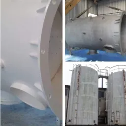 Kolaż zdjęć przedstawiających metalowe zbiorniki i elementy konstrukcyjne po obróbce, widoczne ślady farby i czystości.