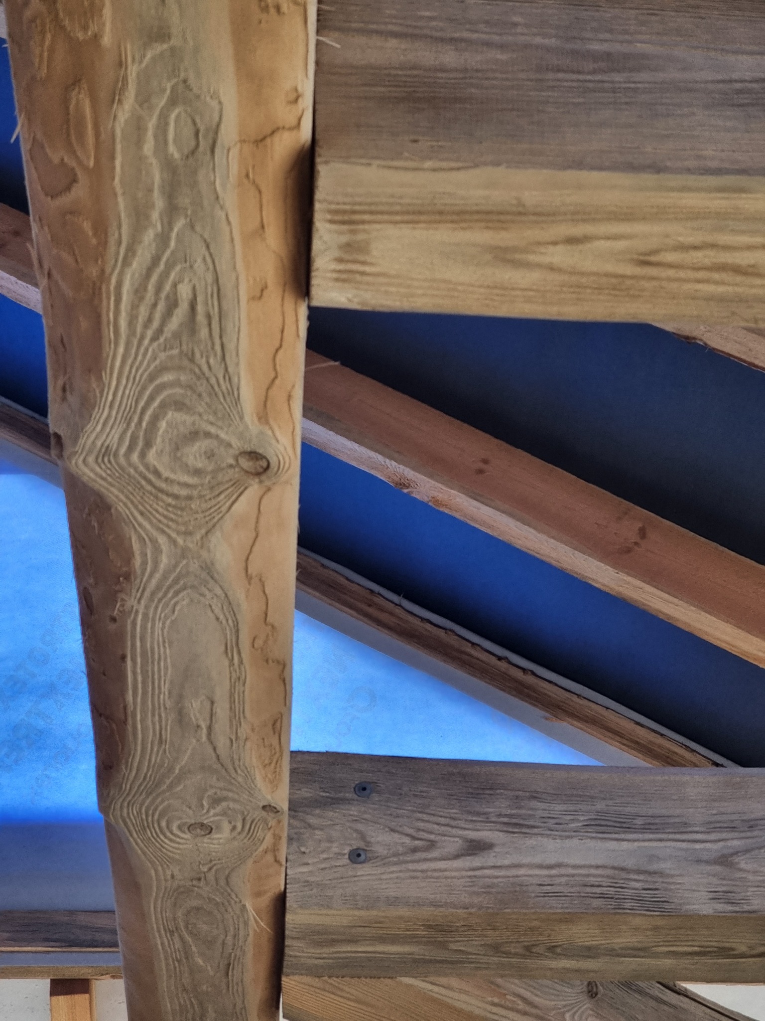 Drewniany szkielet konstrukcji dachu z widoczną membraną w kolorze niebieskim i charakterystycznym rysunkiem słojów na belce nośnej