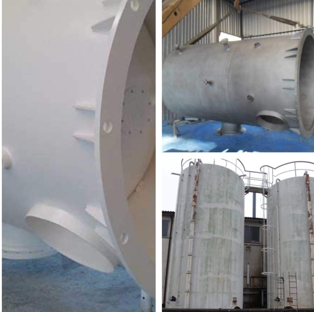 Kolaż zdjęć przedstawiających metalowe zbiorniki i elementy konstrukcyjne po obróbce, widoczne ślady farby i czystości.