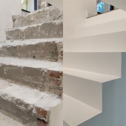 Roksy And Stonsy - Porównanie stanu surowego i wykończonego schodów wewnętrznych z betonu, widoczne różnice w fakturze i kolorystyce stopni.