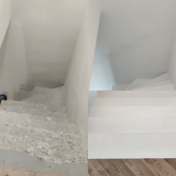 Roksy And Stonsy - Porównanie stanu schodów przed i po renowacji: surowe, betonowe stopnie po lewej stronie kontrastują z gładkimi, białymi stopniami po prawej, ukazując metamorfozę w minimalistycznym wnętrzu.