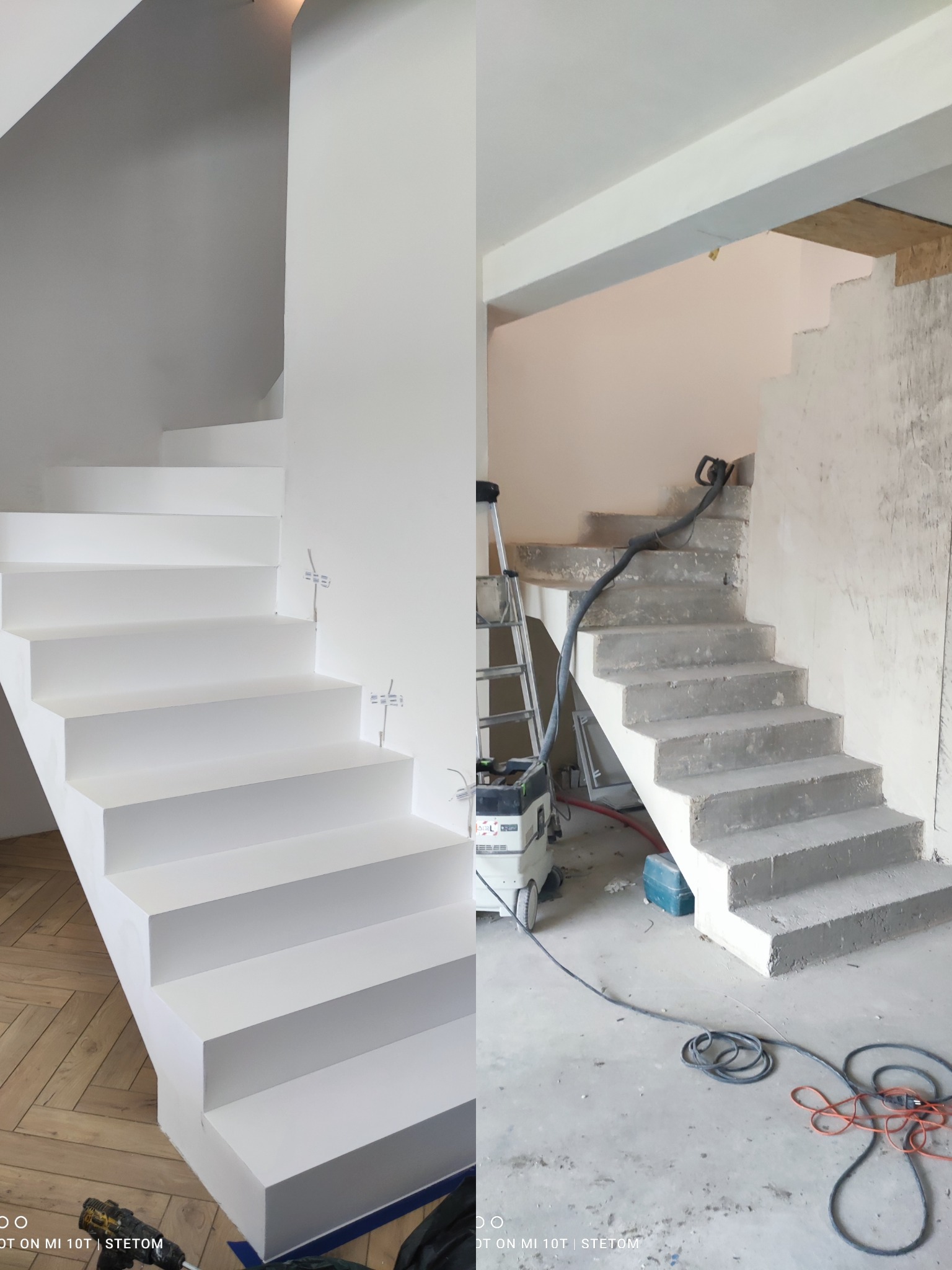 Porównanie stanu surowego i wykończonego schodów betonowych z białymi stopniami, widoczne przewody elektryczne wystające ze ściany w wykończonej części.